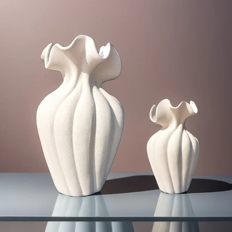 Striped ceramic vase with skirt design, white and gray texture - House of Avana