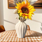 Striped ceramic vase with skirt design, white and gray texture - House of Avana