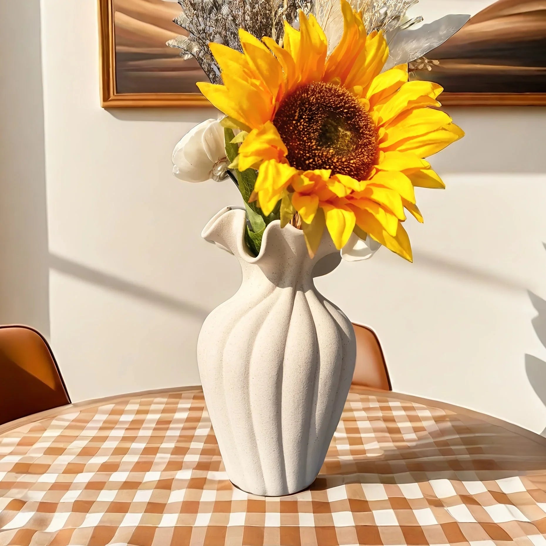 Striped ceramic vase with skirt design, white and gray texture - House of Avana