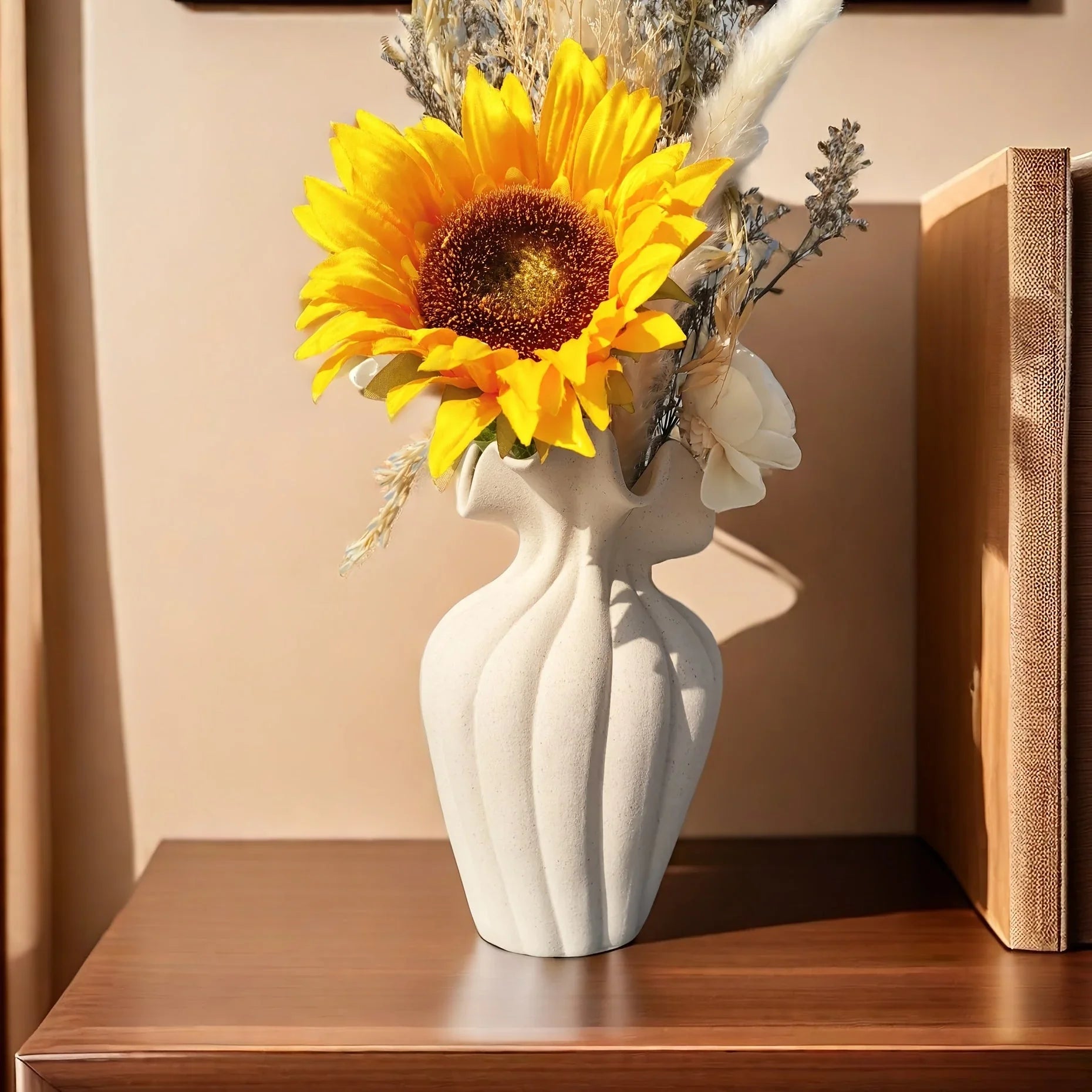 Striped ceramic vase with skirt design, white and gray texture - House of Avana