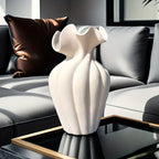 Striped ceramic vase with skirt design, white and gray texture - House of Avana