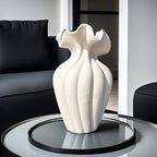 Striped ceramic vase with skirt design, white and gray texture - House of Avana