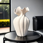 Striped ceramic vase with skirt design, white and gray texture - House of Avana