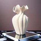 Striped ceramic vase with skirt design, white and gray texture - House of Avana