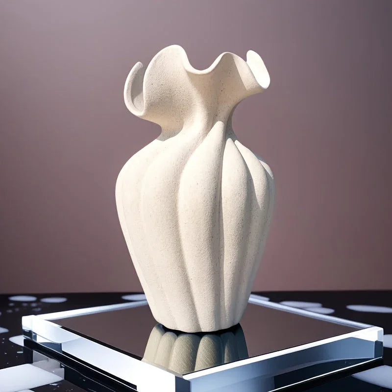 Striped ceramic vase with skirt design, white and gray texture - House of Avana