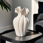 Striped ceramic vase with skirt design, white and gray texture - House of Avana