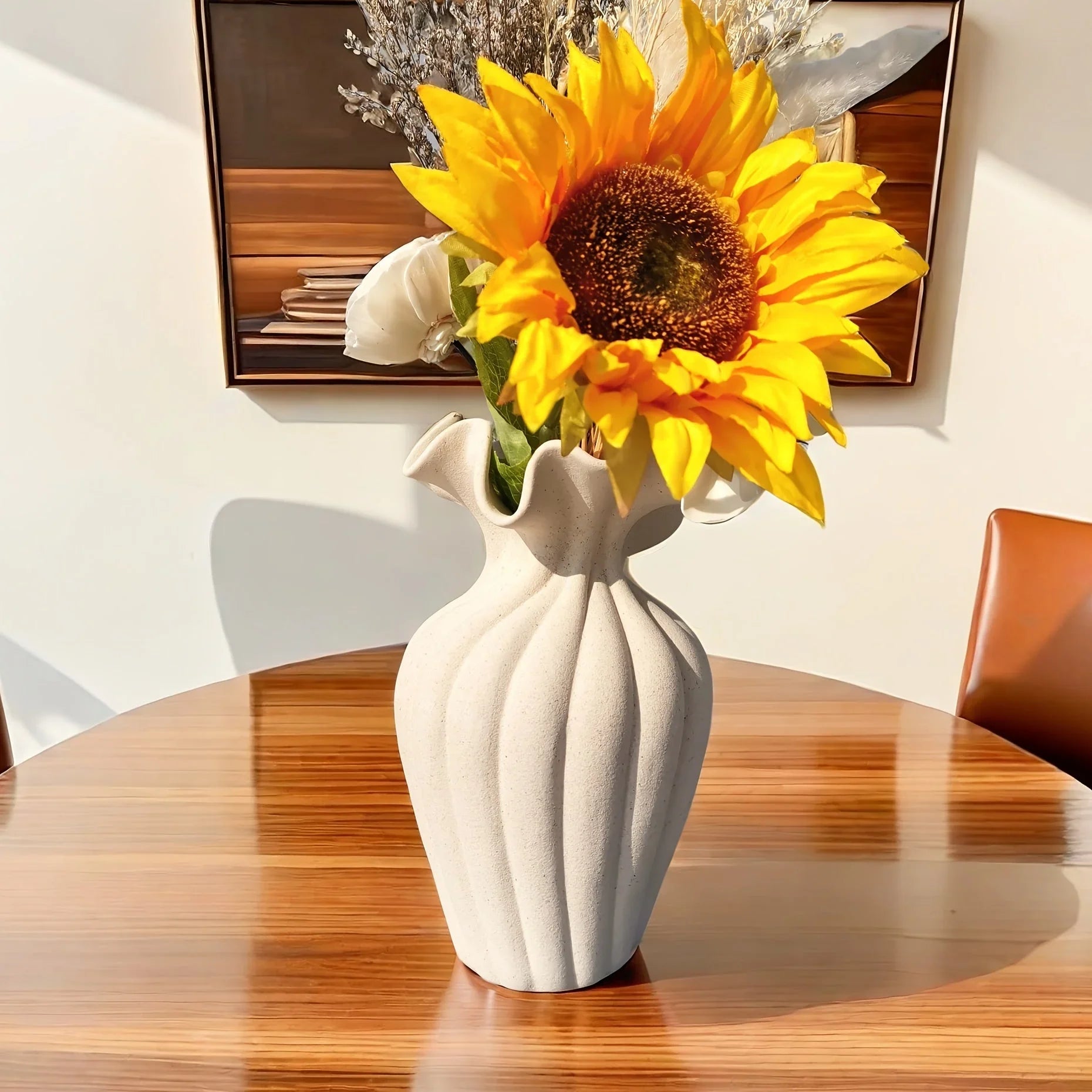 Striped ceramic vase with skirt design, white and gray texture - House of Avana