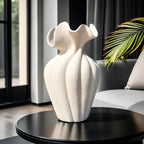 Striped ceramic vase with skirt design, white and gray texture - House of Avana
