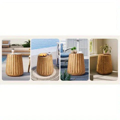 Outdoor/Indoor Round Side Table - Lightweight Accent Table with Faux Wood Construction, Modern Farmhouse Coffee table, Footrest, Plant Stand - for Patio, Living Room, Deck, Garden - Easy to Move & Durable Decor House Of Avana [[SKU:HOA-END-018]]