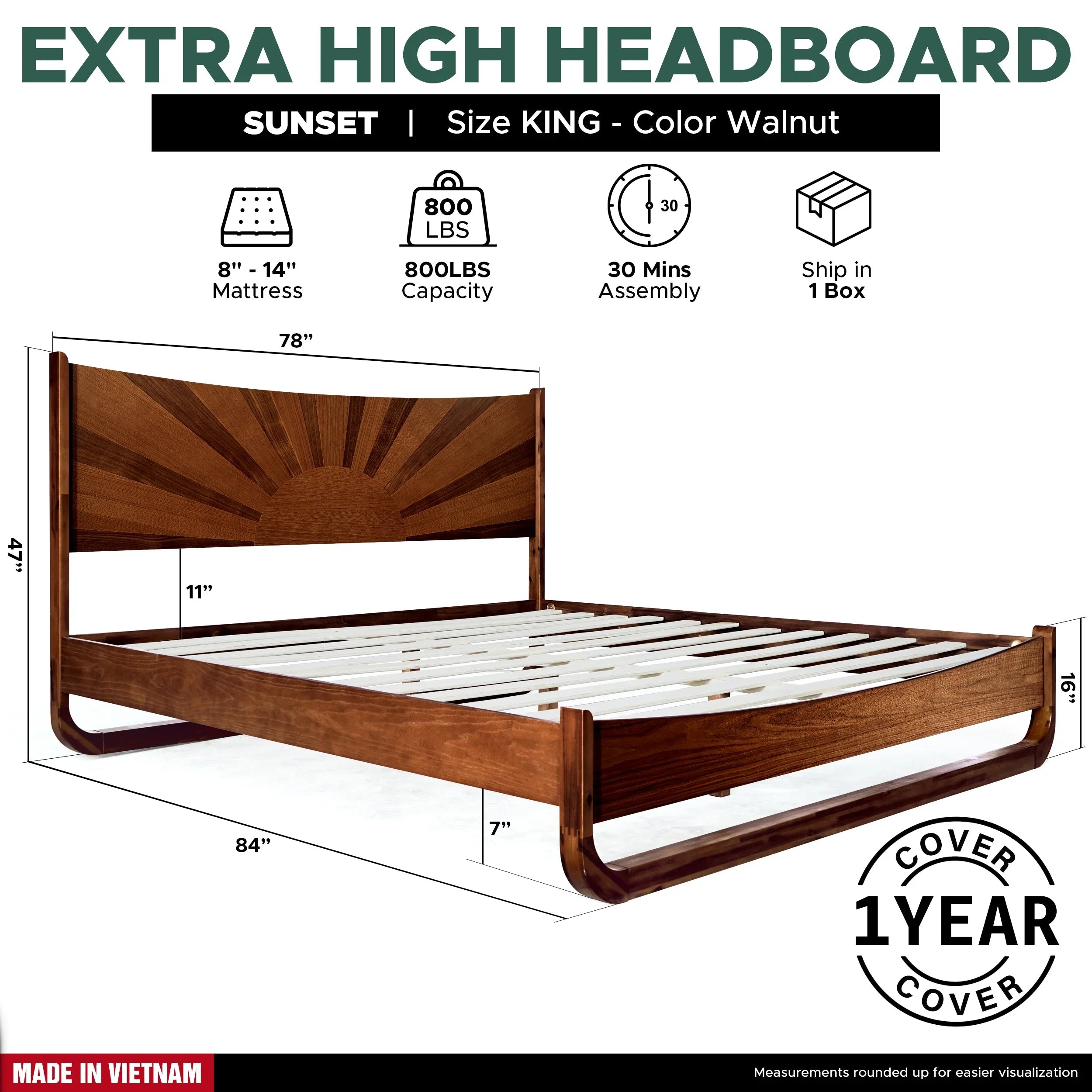 Sunset Solid Wood Bed Frame With Headboard