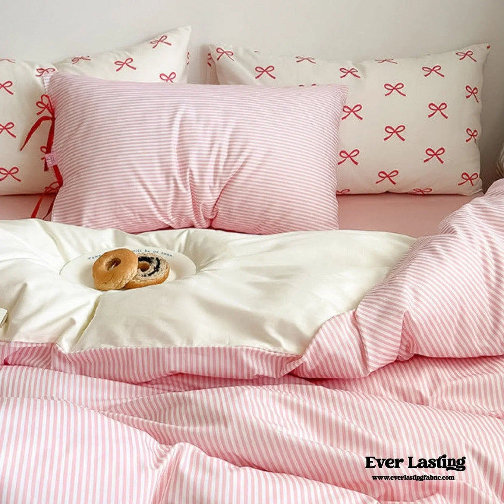 Sweet Bow Striped Bedding Set / Pink Ever Lasting