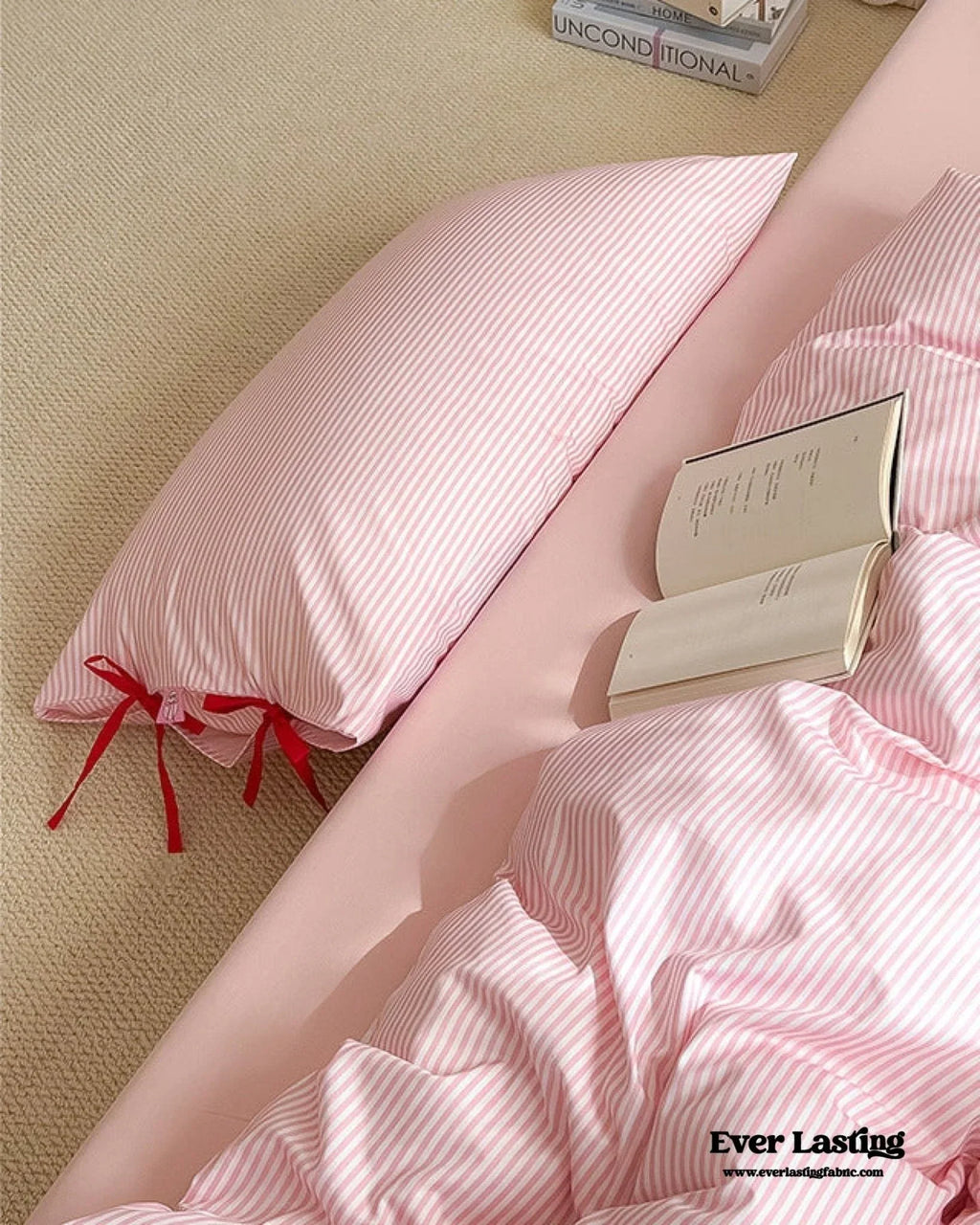 Sweet Bow Striped Bedding Set / Pink Ever Lasting