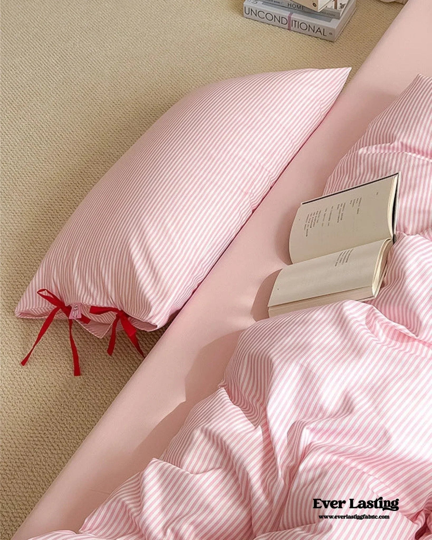 Sweet Bow Striped Bedding Set / Pink Ever Lasting