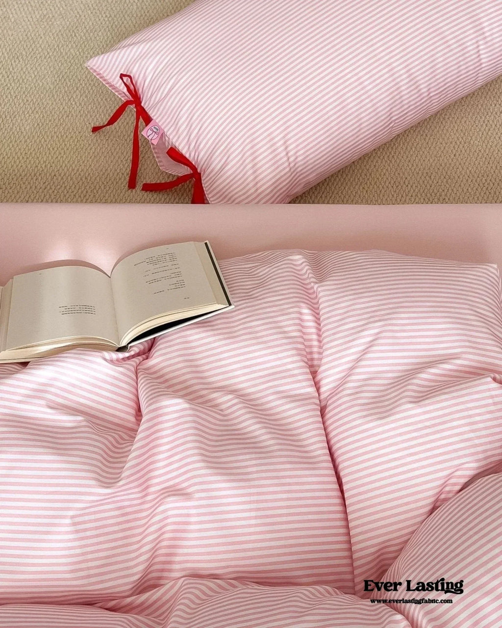 Sweet Bow Striped Bedding Set / Pink Ever Lasting