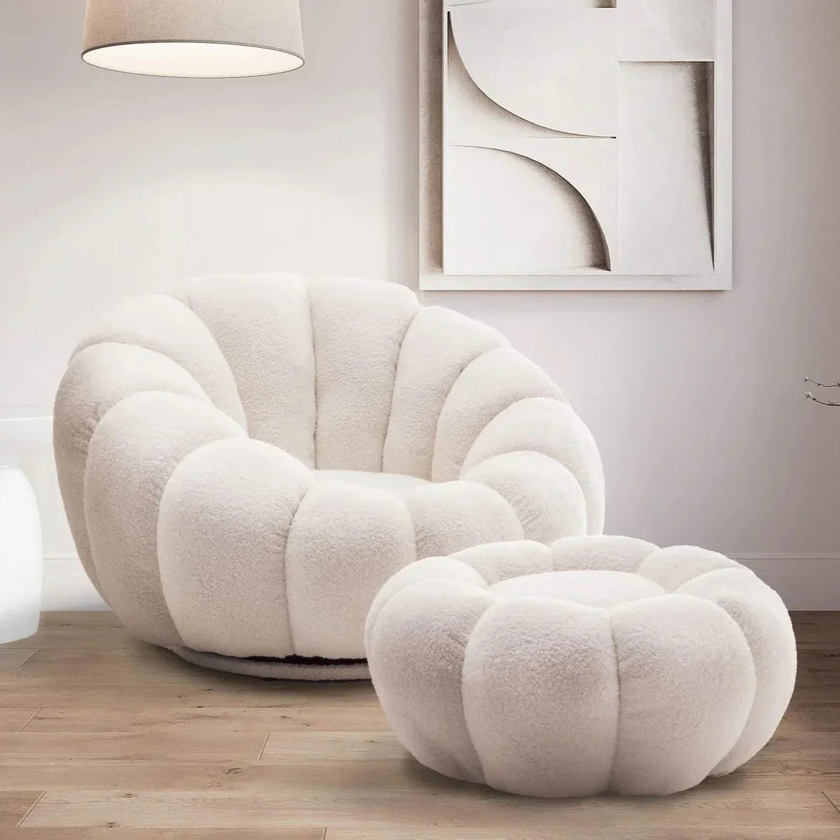 White boucle fabric swivel sofa with 360 degree rotation - House of Avana
