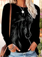 T-Shirt - Horse Print Cotton Long-Sleeve