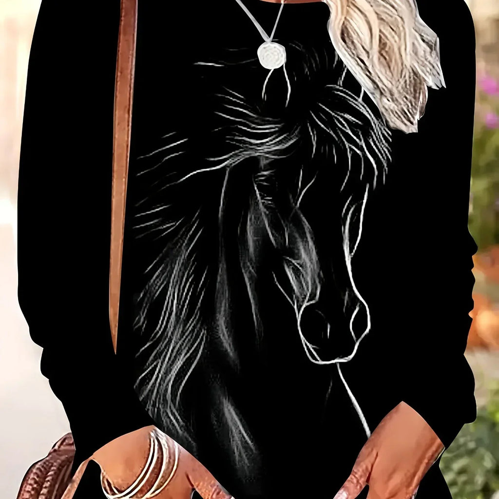 T-Shirt - Horse Print Cotton Long-Sleeve