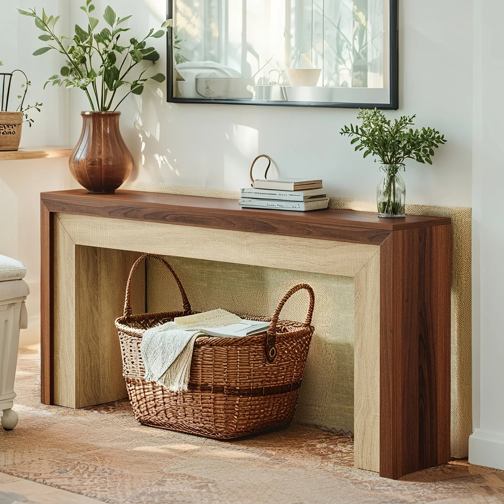 63-inch Farmhouse Console Table with Woven Basket & Decorative Plants - Contemporary Wood & Metal... - House Of Avana