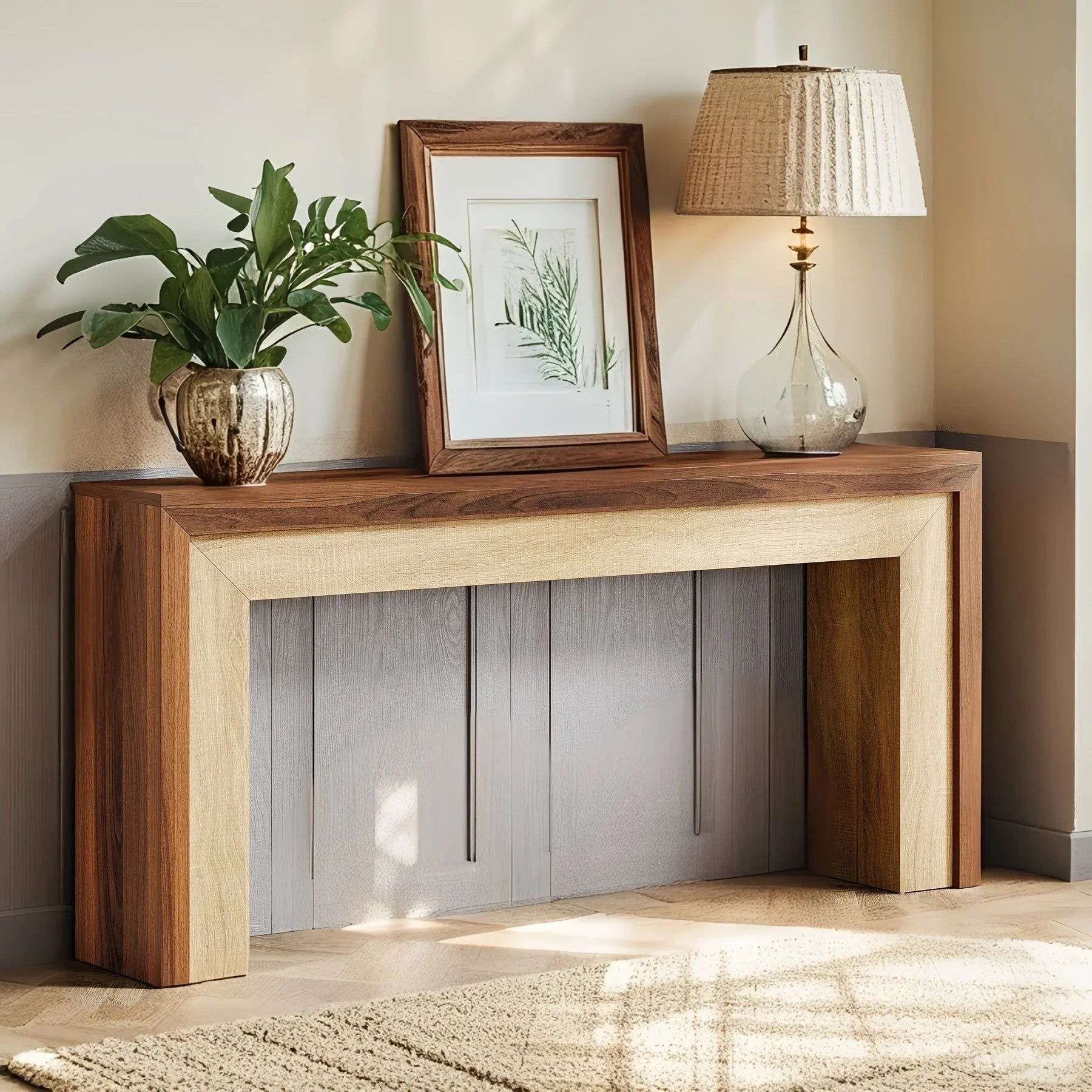 63-inch Farmhouse Console Table with Woven Basket & Decorative Plants - Contemporary Wood & Metal... - House Of Avana