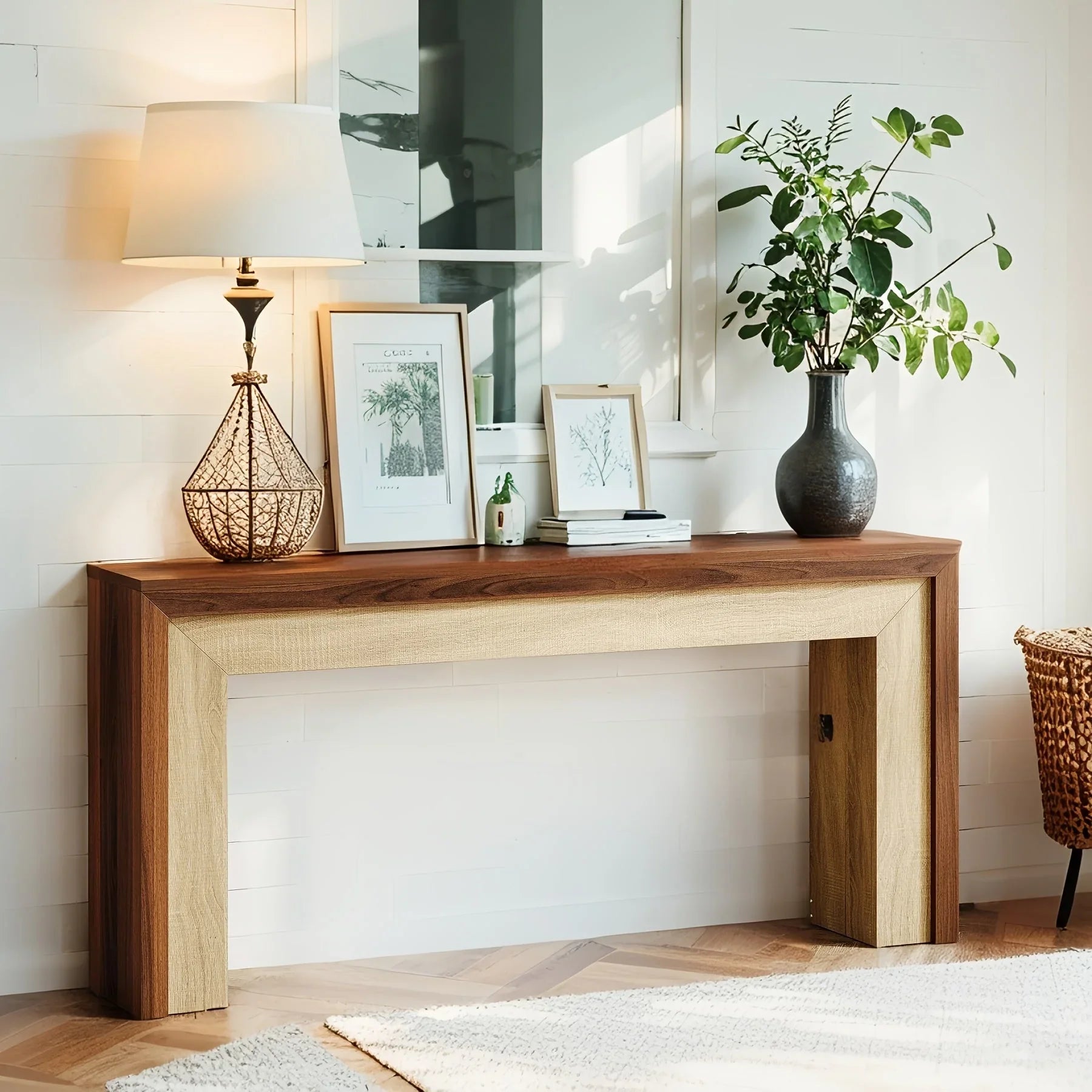 63-inch Farmhouse Console Table with Woven Basket & Decorative Plants - Contemporary Wood & Metal... - House Of Avana