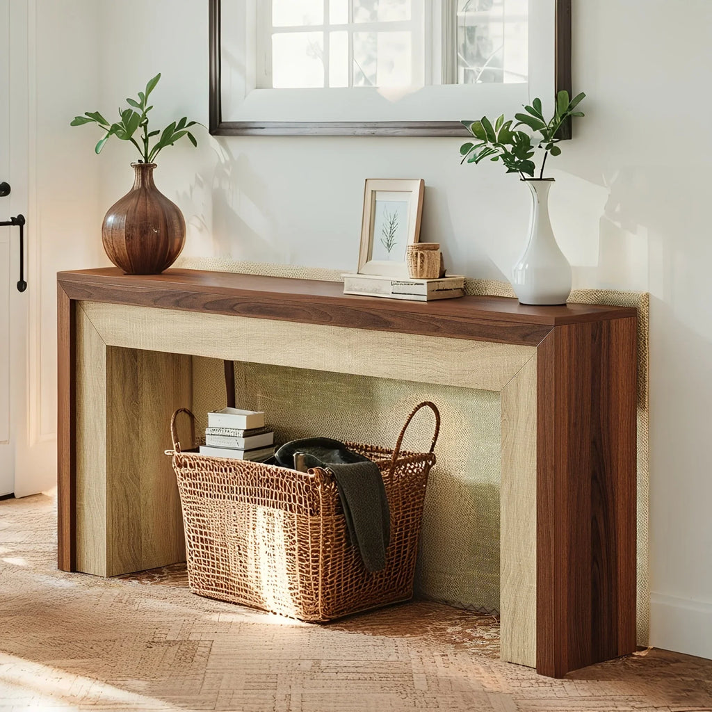 63-inch Farmhouse Console Table with Woven Basket & Decorative Plants - Contemporary Wood & Metal... - House Of Avana