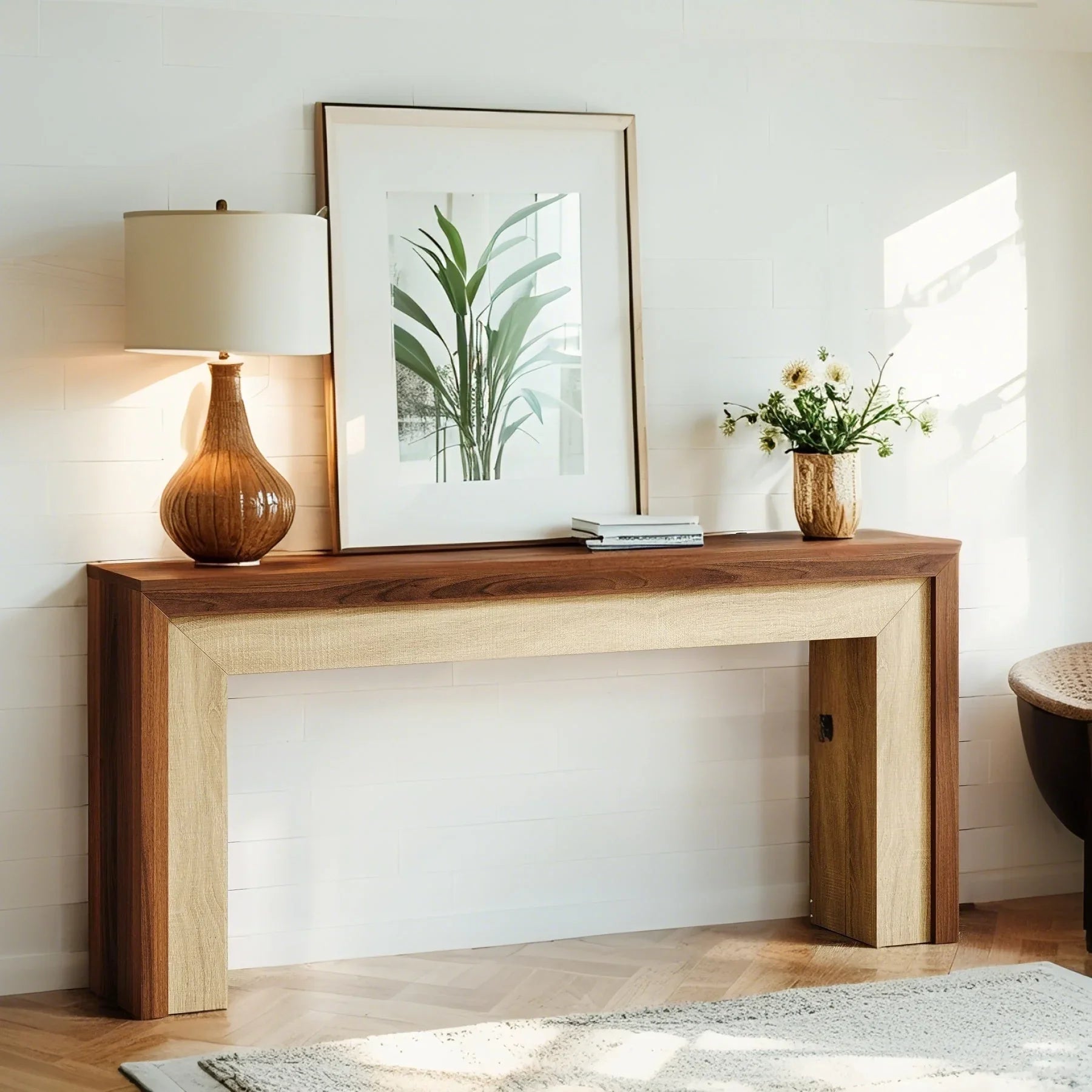 63-inch Farmhouse Console Table with Woven Basket & Decorative Plants - Contemporary Wood & Metal... - House Of Avana