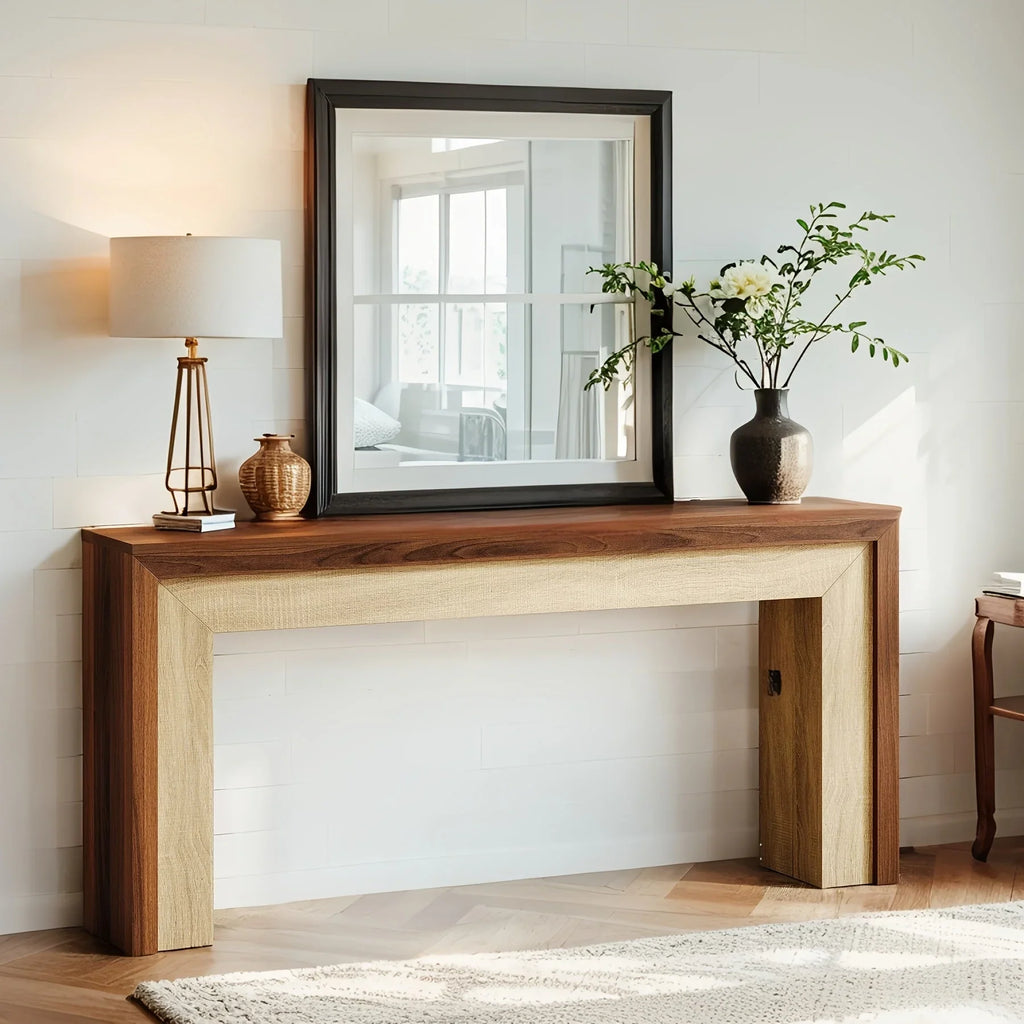 63-inch Farmhouse Console Table with Woven Basket & Decorative Plants - Contemporary Wood & Metal... - House Of Avana