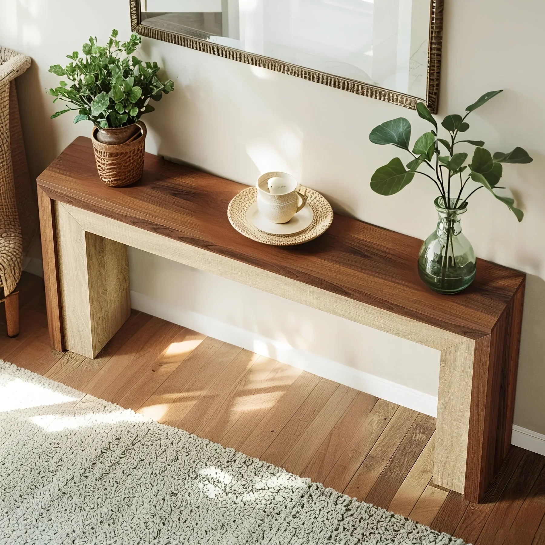 63-inch Farmhouse Console Table with Woven Basket & Decorative Plants - Contemporary Wood & Metal... - House Of Avana