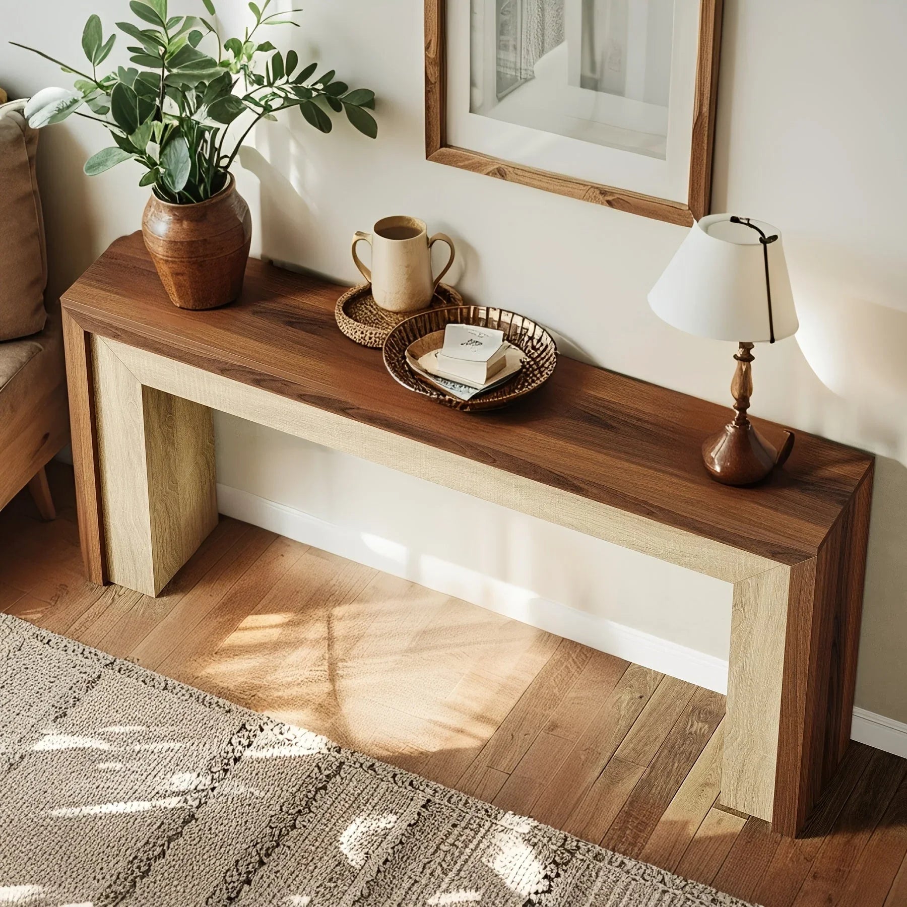 63-inch Farmhouse Console Table with Woven Basket & Decorative Plants - Contemporary Wood & Metal... - House Of Avana