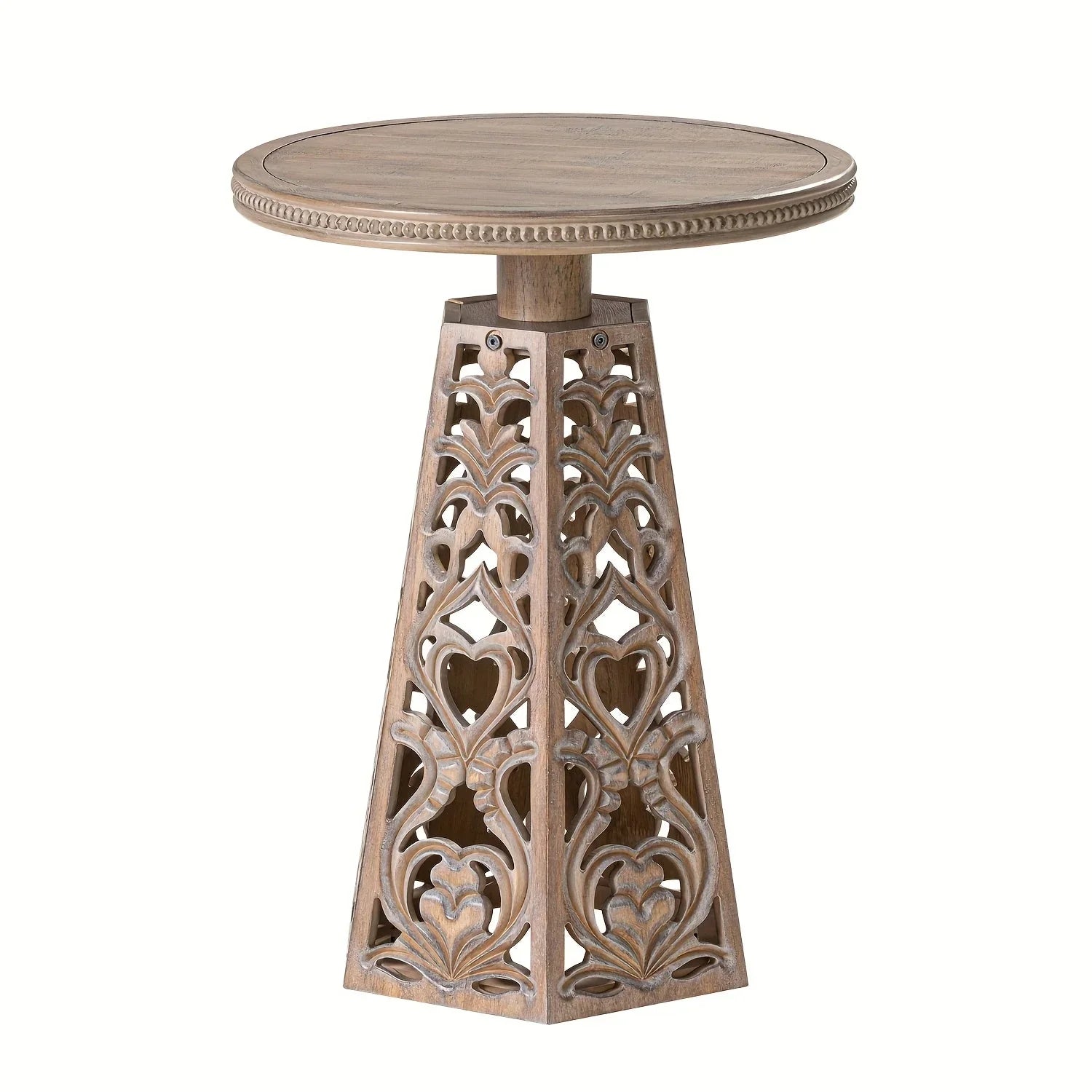 Boho Hand Carved Round Table - Farmhouse Distressed Finish, Small Accent for Living Room/bedroom,... - House Of Avana