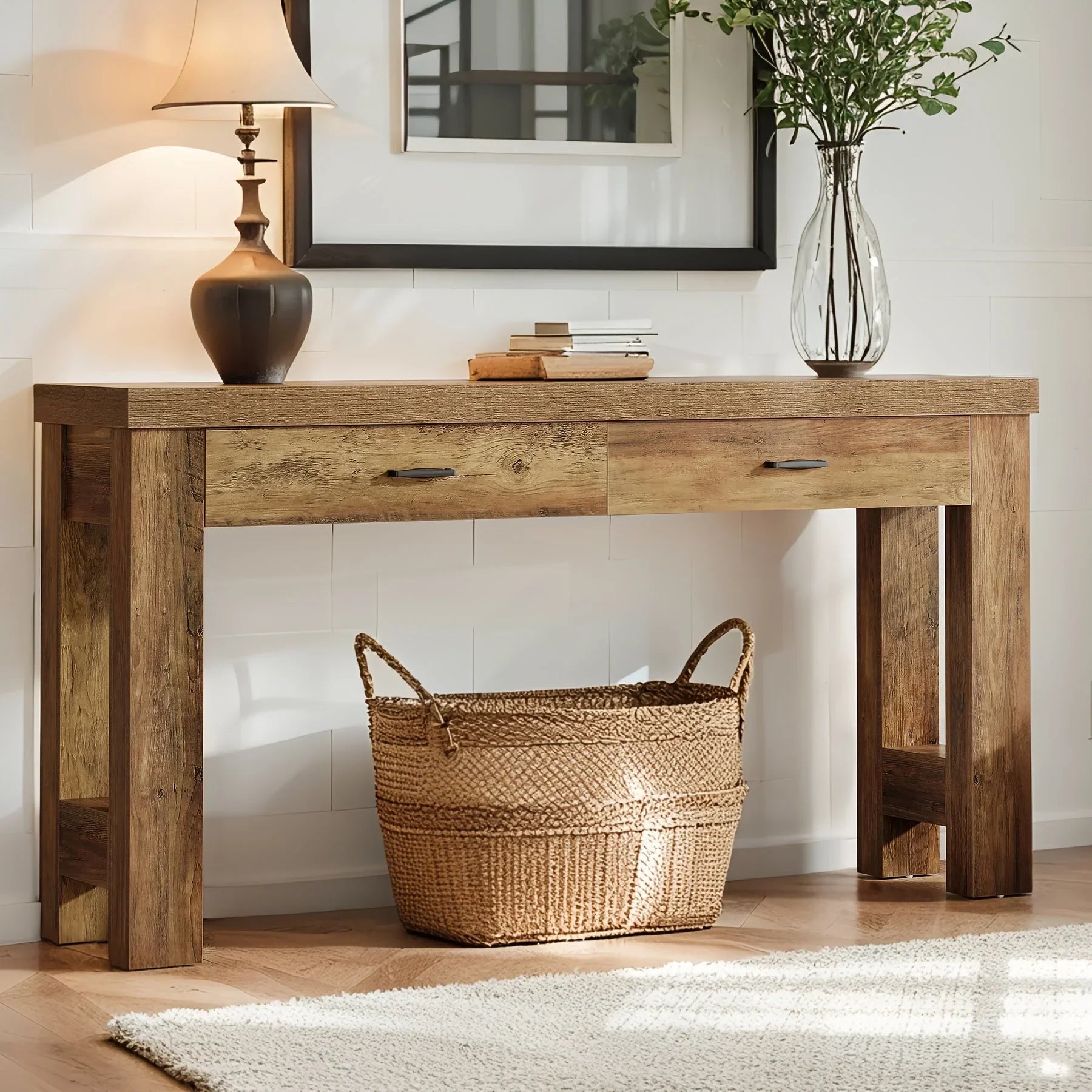63" Console Table, Farmhouse Entryway Table with H-shaped Legs and Drawers, Hallway Display Table - House Of Avana