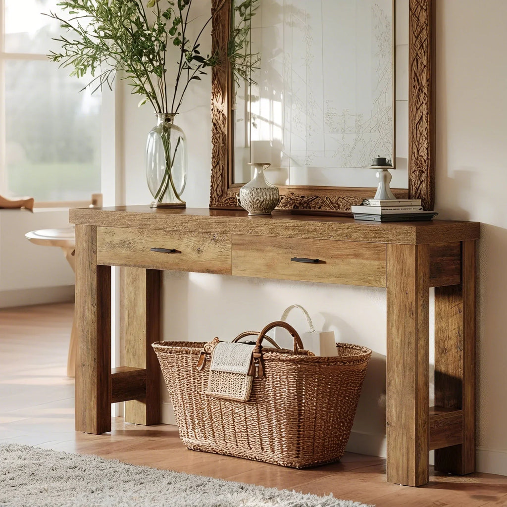 63" Console Table, Farmhouse Entryway Table with H-shaped Legs and Drawers, Hallway Display Table - House Of Avana