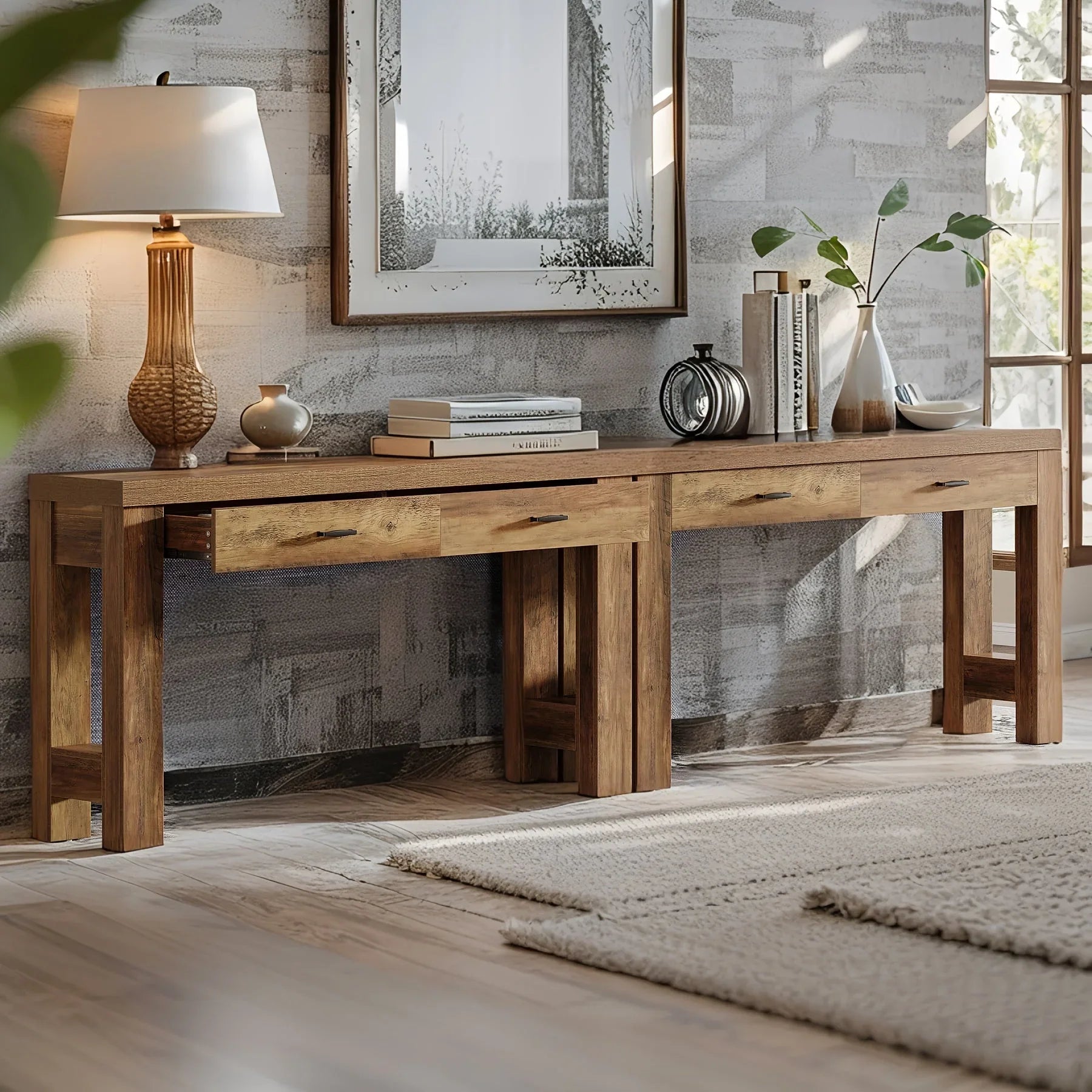 63" Console Table, Farmhouse Entryway Table with H-shaped Legs and Drawers, Hallway Display Table - House Of Avana