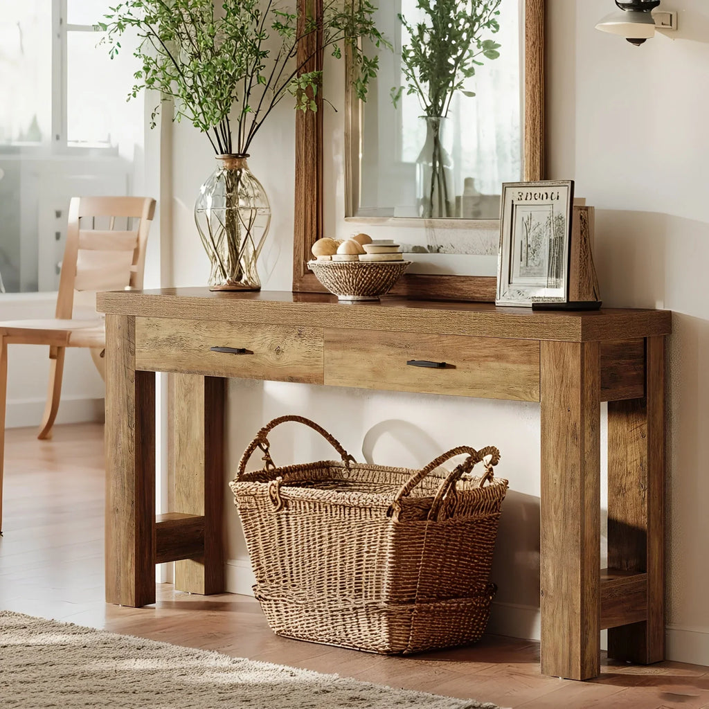 63" Console Table, Farmhouse Entryway Table with H-shaped Legs and Drawers, Hallway Display Table - House Of Avana