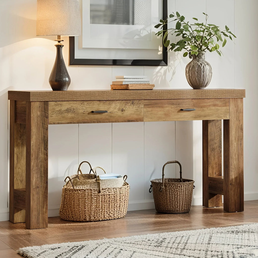 63" Console Table, Farmhouse Entryway Table with H-shaped Legs and Drawers, Hallway Display Table - House Of Avana