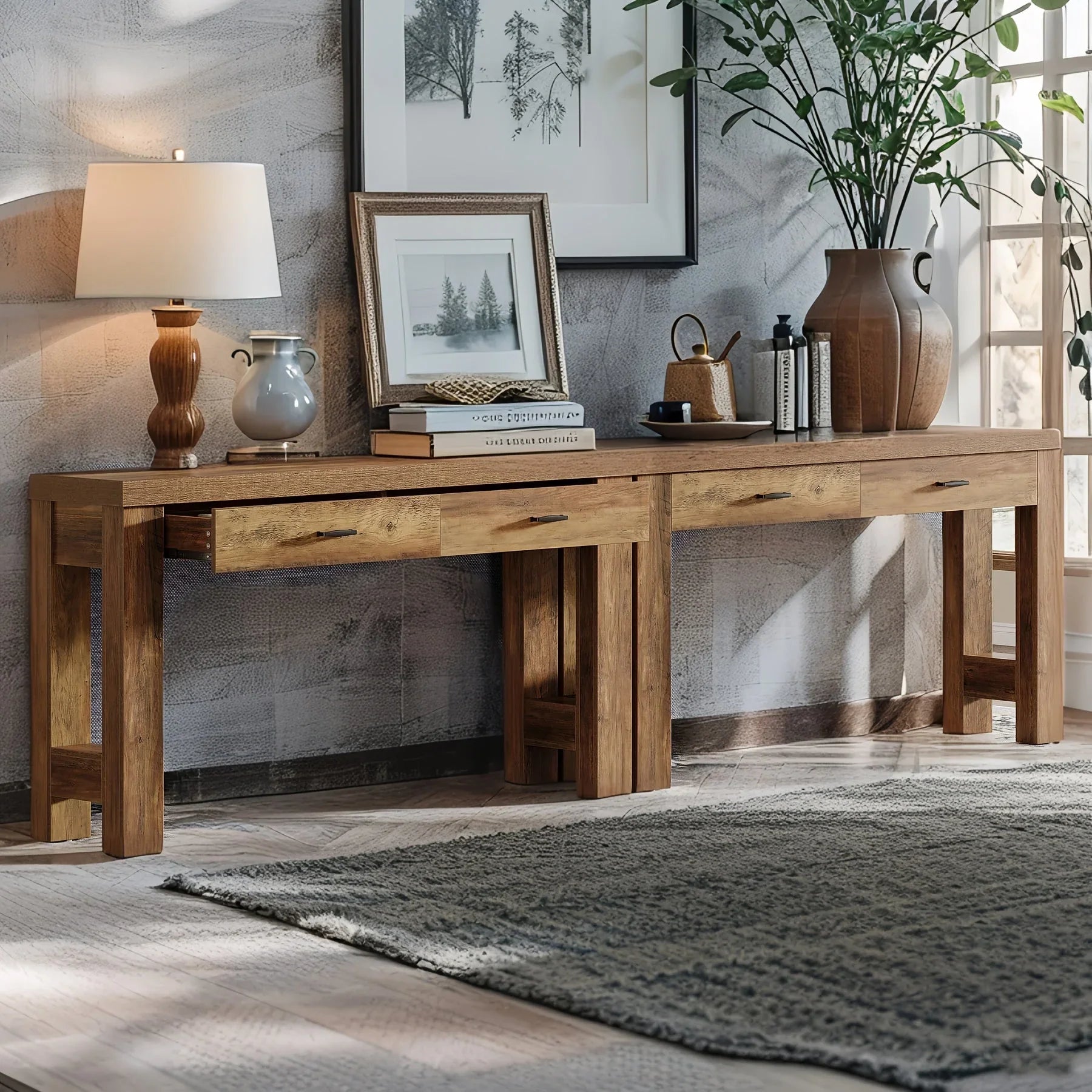 63" Console Table, Farmhouse Entryway Table with H-shaped Legs and Drawers, Hallway Display Table - House Of Avana