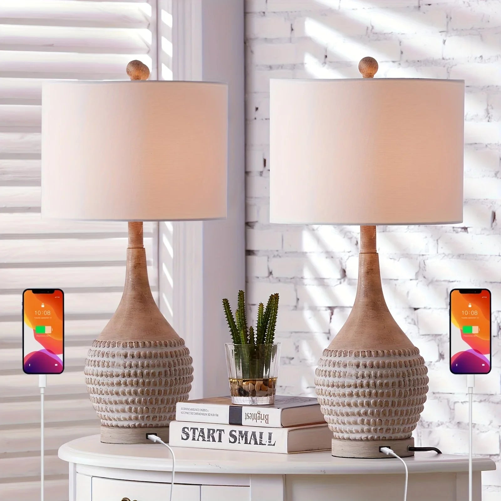 Farmhouse Inches Table Lamps Set of 2, 3-way Dimmable Bedside Lamps with Usb Charging Ports, Traditional... - House Of Avana