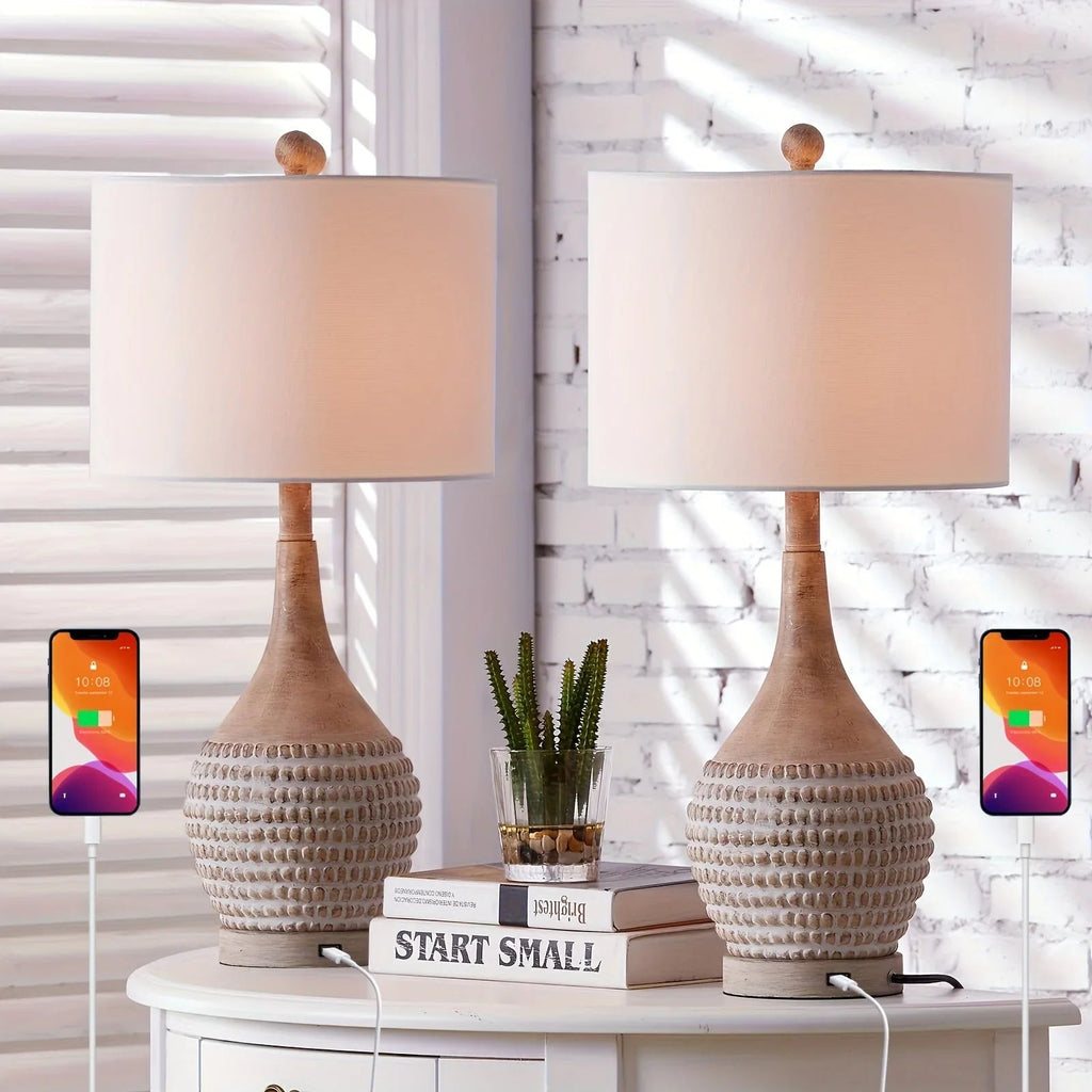 Farmhouse Inches Table Lamps Set of 2, 3-way Dimmable Bedside Lamps with Usb Charging Ports, Traditional... - House Of Avana [[SKU:HOA-LMP-002]]