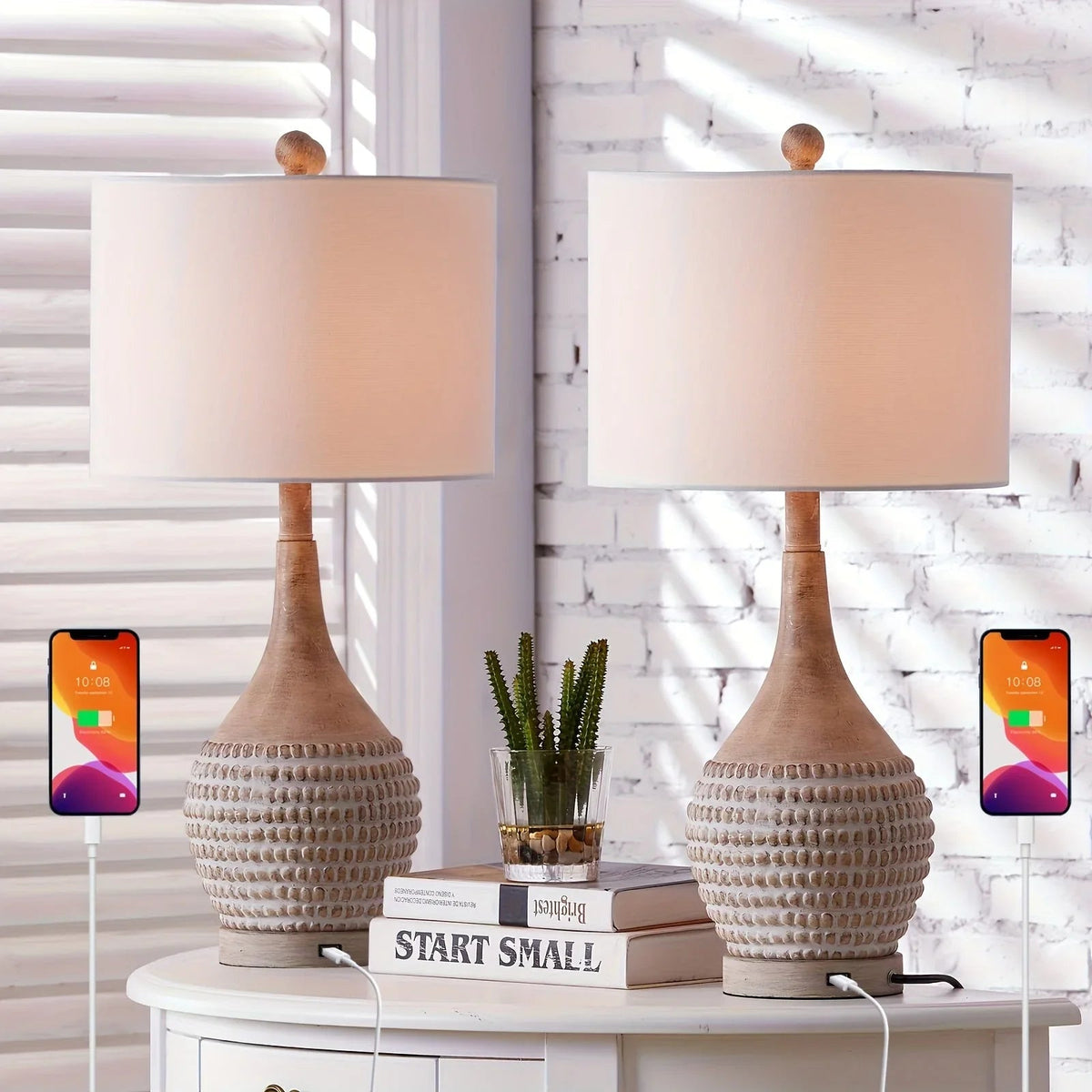 Farmhouse Inches Table Lamps Set of 2, 3-way Dimmable Bedside Lamps with Usb Charging Ports, Traditional... - House Of Avana [[SKU:HOA-LMP-002]]
