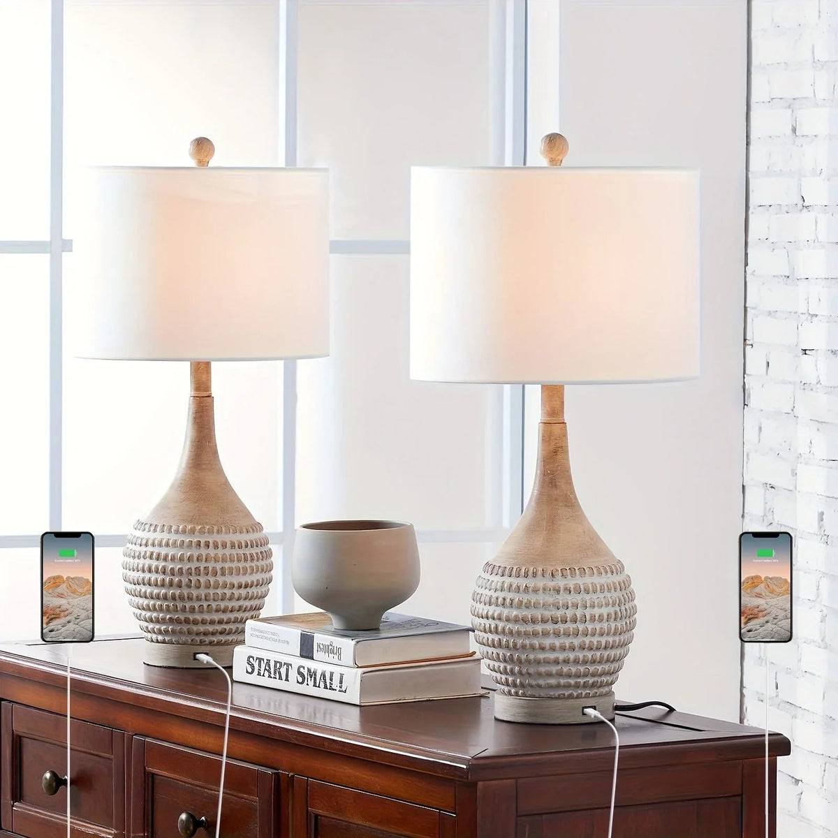 Farmhouse Inches Table Lamps Set of 2, 3-way Dimmable Bedside Lamps with Usb Charging Ports, Traditional... - House Of Avana [[SKU:HOA-LMP-002]]