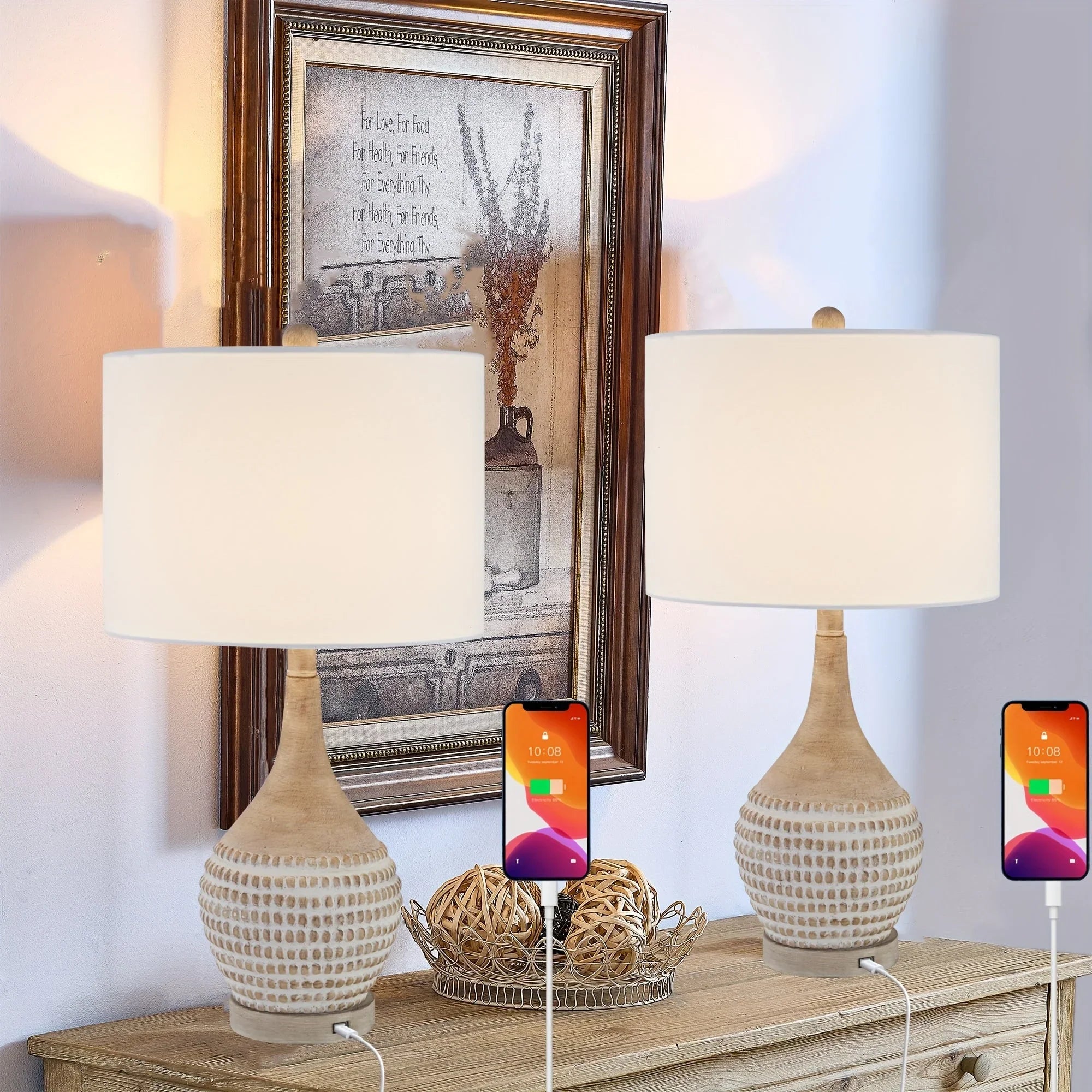 Farmhouse Inches Table Lamps Set of 2, 3-way Dimmable Bedside Lamps with Usb Charging Ports, Traditional... - House Of Avana