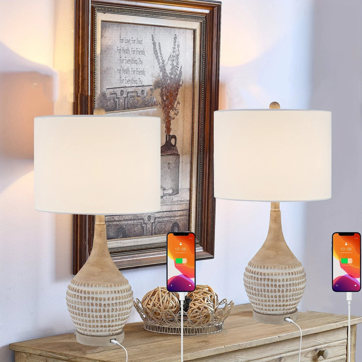 Farmhouse Inches Table Lamps Set of 2, 3-way Dimmable Bedside Lamps with Usb Charging Ports, Traditional... - House Of Avana [[SKU:HOA-LMP-002]]