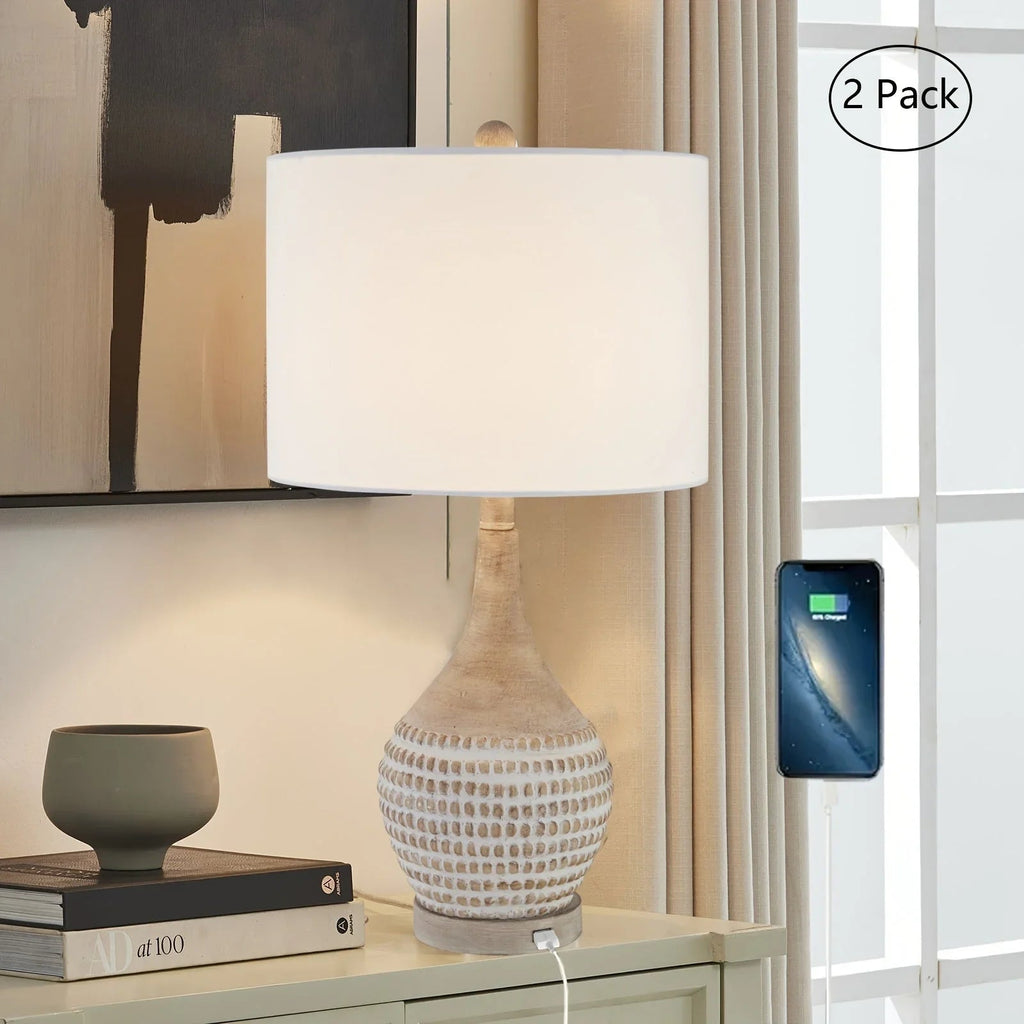 Farmhouse Inches Table Lamps Set of 2, 3-way Dimmable Bedside Lamps with Usb Charging Ports, Traditional... - House Of Avana [[SKU:HOA-LMP-002]]