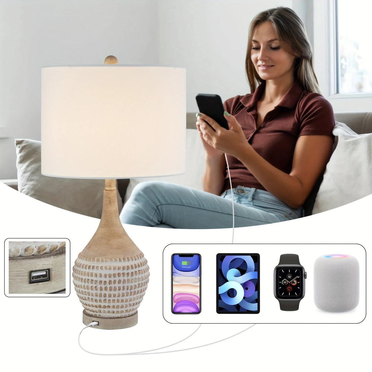 Farmhouse Inches Table Lamps Set of 2, 3-way Dimmable Bedside Lamps with Usb Charging Ports, Traditional... - House Of Avana [[SKU:HOA-LMP-002]]