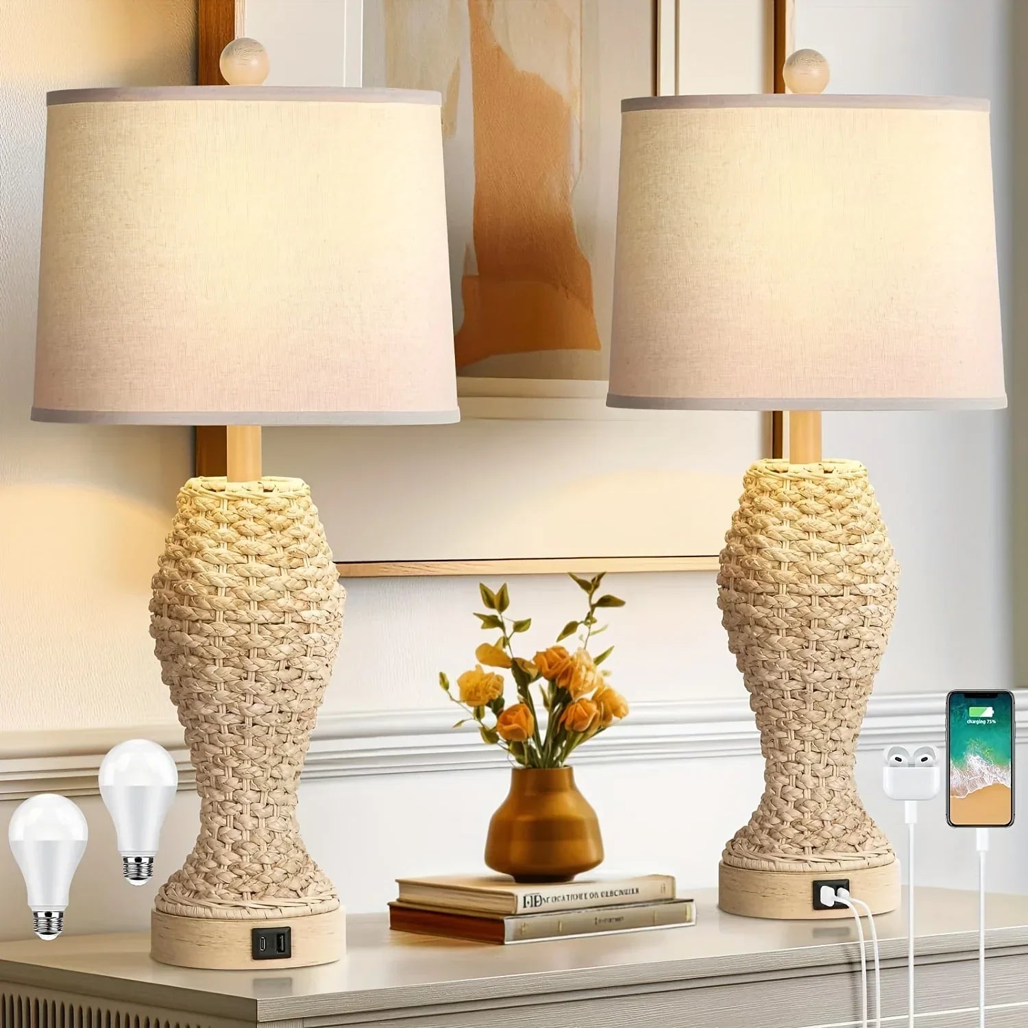 Rattan Table Lamps For Bedroom Set Of 2, 26.5inch Woven Bedside Lamps With USB C+A, Farmhouse Table Lamps For Nightstand, Coastal Seagrass Lamps For Living Room, End Table (E26 Bulbs Included) - House Of Avana