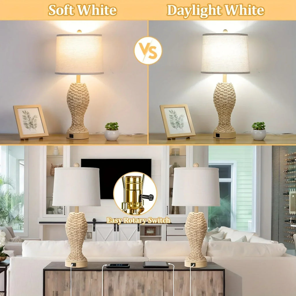 Rattan Table Lamps For Bedroom Set Of 2, 26.5inch Woven Bedside Lamps With USB C+A, Farmhouse Table Lamps For Nightstand, Coastal Seagrass Lamps For Living Room, End Table (E26 Bulbs Included) - House Of Avana