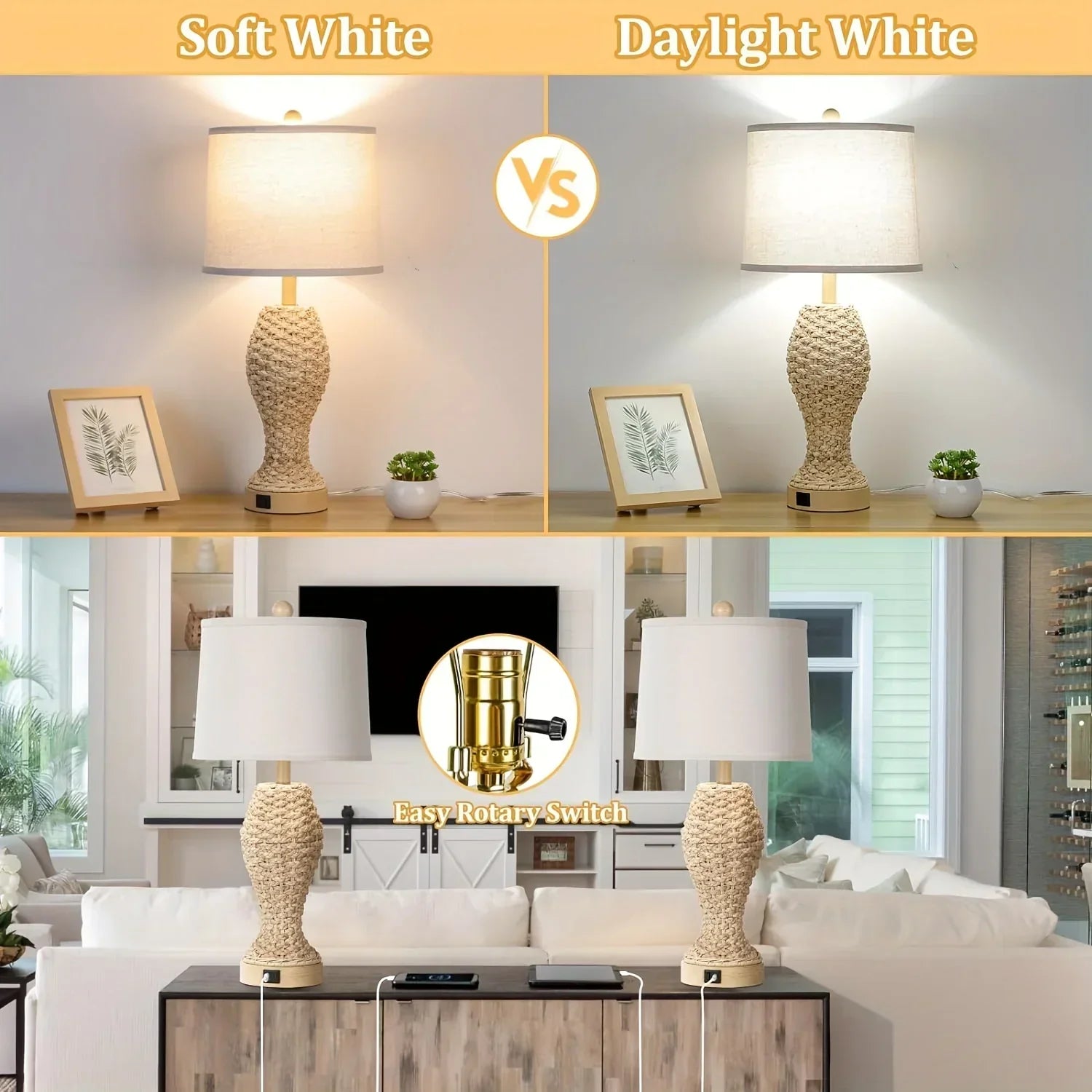 Rattan Table Lamps For Bedroom Set Of 2, 26.5inch Woven Bedside Lamps With USB C+A, Farmhouse Table Lamps For Nightstand, Coastal Seagrass Lamps For Living Room, End Table (E26 Bulbs Included) - House Of Avana