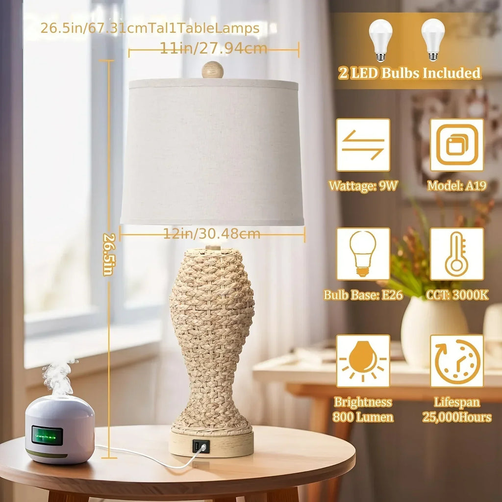 Rattan Table Lamps For Bedroom Set Of 2, 26.5inch Woven Bedside Lamps With USB C+A, Farmhouse Table Lamps For Nightstand, Coastal Seagrass Lamps For Living Room, End Table (E26 Bulbs Included) - House Of Avana