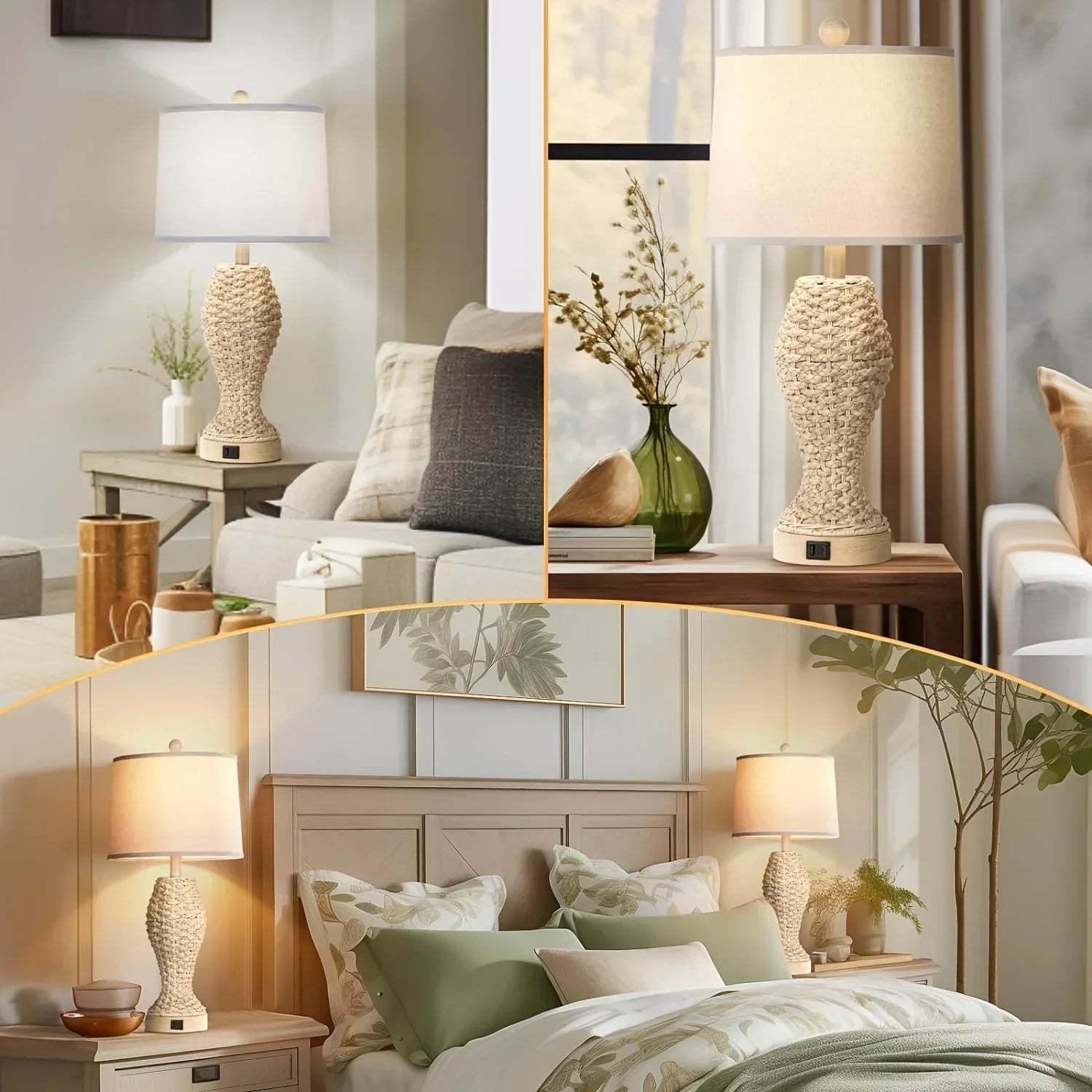 Rattan Table Lamps For Bedroom Set Of 2, 26.5inch Woven Bedside Lamps With USB C+A, Farmhouse Table Lamps For Nightstand, Coastal Seagrass Lamps For Living Room, End Table (E26 Bulbs Included) - House Of Avana