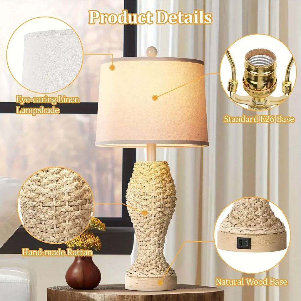 Rattan Table Lamps For Bedroom Set Of 2, 26.5inch Woven Bedside Lamps With USB C+A, Farmhouse Table Lamps For Nightstand, Coastal Seagrass Lamps For Living Room, End Table (E26 Bulbs Included) - House Of Avana